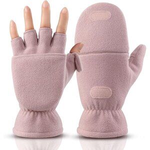 Gloves Fingerless Convertible Mitten Thermal Polar Fleece Insulated Lining Pink